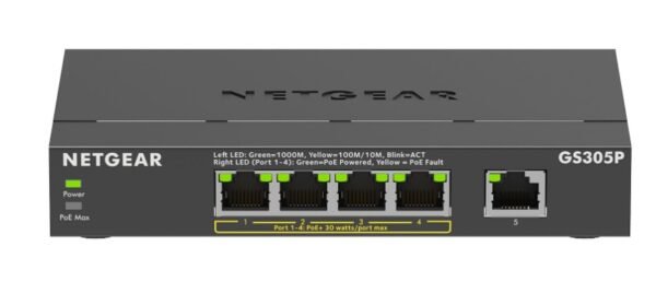 Switch NETGEAR 5 ports gigabit 100/1000 Mbps dont 4 PoE+ (GS305P-300EUS)