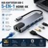 Hub Adaptateur USB-C Multifonction 5-en-1 avec HDMI 4K 30Hz, USB 3.0 5Gbps, USB 2.0, Ethernet Gigabit RJ45 1000Mbps et Power Delivery 100W pour PC Portable, MacBook, Tablette et Smartphone