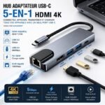 Hub Adaptateur USB-C Multifonction 5-en-1 avec HDMI 4K 30Hz, USB 3.0 5Gbps, USB 2.0, Ethernet Gigabit RJ45 1000Mbps et Power Delivery 100W pour PC Portable, MacBook, Tablette et Smartphone