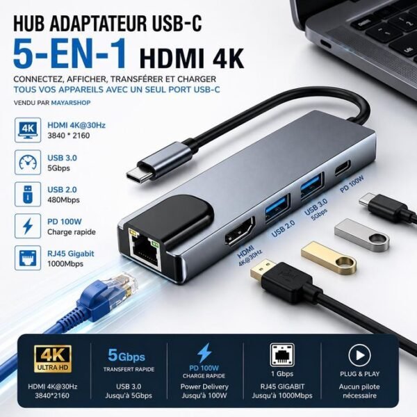 Hub Adaptateur USB-C Multifonction 5-en-1 avec HDMI 4K 30Hz, USB 3.0 5Gbps, USB 2.0, Ethernet Gigabit RJ45 1000Mbps et Power Delivery 100W pour PC Portable, MacBook, Tablette et Smartphone