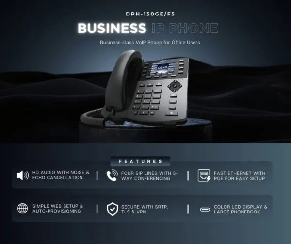 téléphone IP D-Link DPH-150GE/F5 avec écran couleur 2,8", SIP, PoE et ports Gigabit. Solution VoIP professionnelle pour entreprises et bureaux.